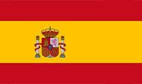 Flag of Spain: Red-yellow-red horizontal stripes, with the Spanish coat of arms centered on the yellow stripe.