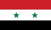 Flag of Syria: red, white, and black horizontal stripes with two green stars in the center white stripe.