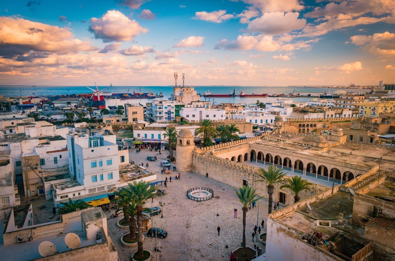 View of a city in Tunisia, with white buildings, a harbor, and palm trees under a cloudy sky.