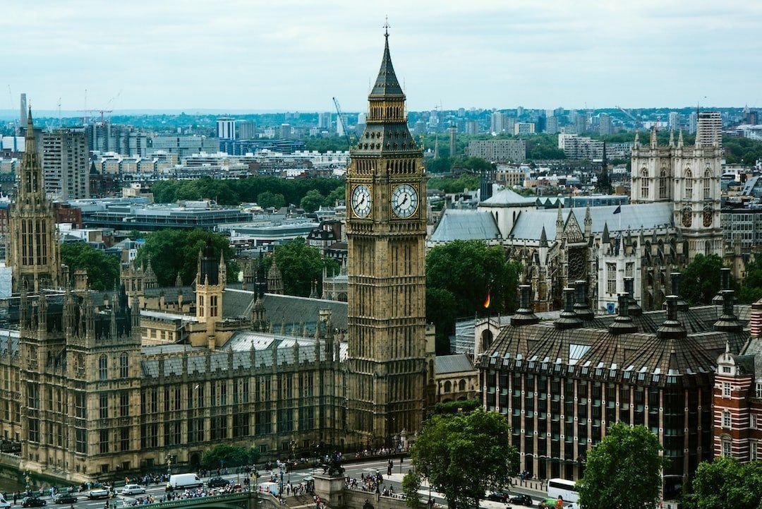 Big Ben clock tower and the Houses of Parliament in London, England, against a cityscape.