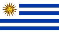 Flag of Uruguay: White and blue horizontal stripes with a golden sun in the upper-left corner.