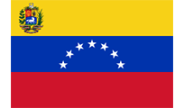 Flag of Venezuela: Yellow, blue, and red horizontal stripes with seven white stars in the blue stripe and a coat of arms in the upper-left corner.