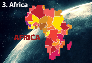 Map of Africa in various shades of red and orange, with the continent's name in red text. Space background.