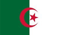Flag of Algeria: a vertical bicolor of green on the left and white on the right, with a red crescent moon and star centered on the white section.
