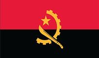 Angola's flag: red over black, with a central emblem of a yellow star, gear, and machete.