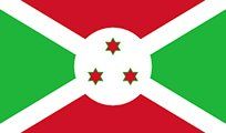 Flag of Burundi: Divided into quarters by white diagonal stripes, with green and red fields. Central circle contains three red stars.