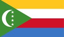 Flag of the Comoros: horizontal stripes of yellow, white, red, and blue; a green triangle with a crescent and four stars.