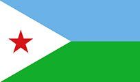 Flag of Djibouti: A horizontal tricolor of blue, green, and white. A red star sits on a white triangle at the hoist.