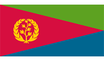 Flag of Eritrea: a red triangle at the hoist, green upper segment, blue lower segment. A gold olive branch and garland center.