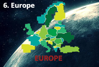 Map of Europe, pixelated and color-coded in shades of green and yellow, against a space-like background.