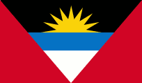 Flag of Antigua and Barbuda: a red field framing a black inverted triangle that contains a blue stripe, a white stripe, and a yellow sunburst.