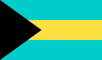 Flag of The Bahamas: A black triangle pointing left over a horizontal yellow band, between two turquoise bands.