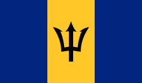 Flag of Barbados: Blue vertical bars on the left and right with a central gold panel. A black trident appears in the center of the gold panel.