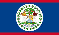 Flag of Belize: Blue field with red stripes on top and bottom. Central white circle contains Belize's coat of arms, depicting two men, a tree, and tools.