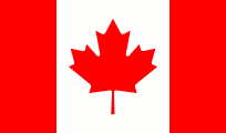 Canadian flag: Red bars on either side with a central white square displaying a red maple leaf.