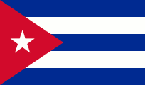 Cuban flag: a red triangle with a white star, horizontal stripes of blue and white.