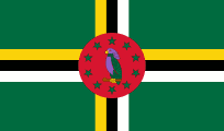 Flag of Dominica: Green background with a yellow and black cross. A red circle in the center contains a Sisserou parrot and ten stars.