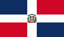 Flag of the Dominican Republic: white cross divides the flag into four quadrants of red and blue, with a coat of arms in the center.