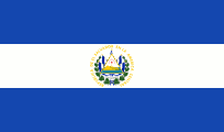 Flag of El Salvador: Horizontal blue, white, and blue stripes, with the national coat of arms centered on the white stripe.