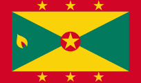 Flag of Grenada: Red background with a yellow rectangle in the center, divided diagonally by green bands, and a yellow star in the center.