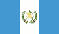 Flag of Guatemala: Vertical bands of light blue, white, and light blue, with the coat of arms in the center on the white band.