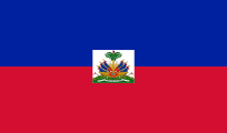 Flag of Haiti: Blue over red horizontal stripes with the Haitian coat of arms centered.