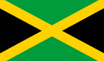 Flag of Jamaica: A green field with a gold saltire, black triangles at top and bottom and sides.