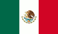 Mexican flag: Vertical tricolor with green, white, and red stripes. The white stripe features the Mexican coat of arms: an eagle perched on a cactus, devouring a serpent.