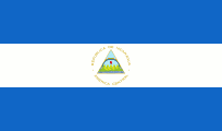 Flag of Nicaragua: Blue and white horizontal stripes with a central emblem featuring a triangle, volcano, and rainbow.