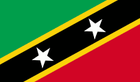 Flag of Saint Kitts and Nevis: Green upper left, red lower right, black diagonal band with two white stars, and bordered by yellow.