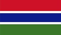 Flag of Gambia: Red, blue, green horizontal stripes separated by white lines.