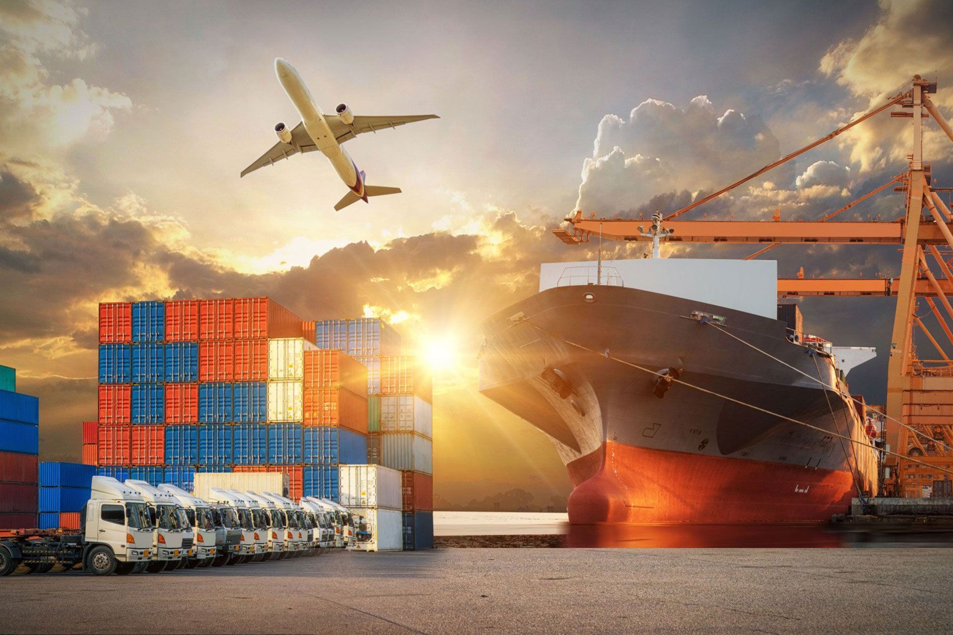 Plane, shipping lines, and trucks