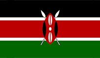 Flag of Kenya: Black, red, and green horizontal stripes with white outlines, a Maasai shield and crossed spears in the center.