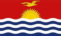 Flag of Kiribati: A red upper section with a flying seabird above a yellow sun rising over blue and white waves.