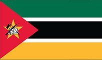 Flag of Mozambique: green, black, and yellow horizontal stripes with a red triangle at the hoist, bearing a gold star with crossed weapons, a hoe, and a book.