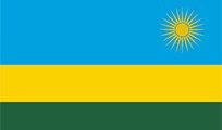 Flag of Rwanda: Blue, yellow, and green horizontal stripes. A golden sun with rays is in the upper right corner.