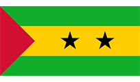 Flag of São Tomé and Príncipe: Green and yellow horizontal stripes with two black stars, red triangle on the hoist.