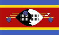 Flag of Eswatini: Horizontal bands of blue, yellow, and red. Central is a shield with black and white sections and spears.