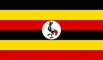 Flag of Uganda: Six horizontal stripes of black, yellow, and red. A white circle in the center contains a grey crowned crane.