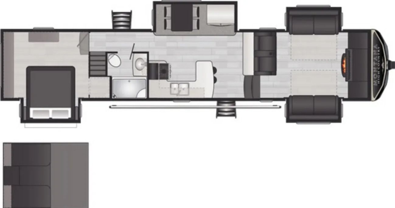 Floor plan of a recreational vehicle. Features a bedroom, bathroom, kitchen, and living area with furniture.