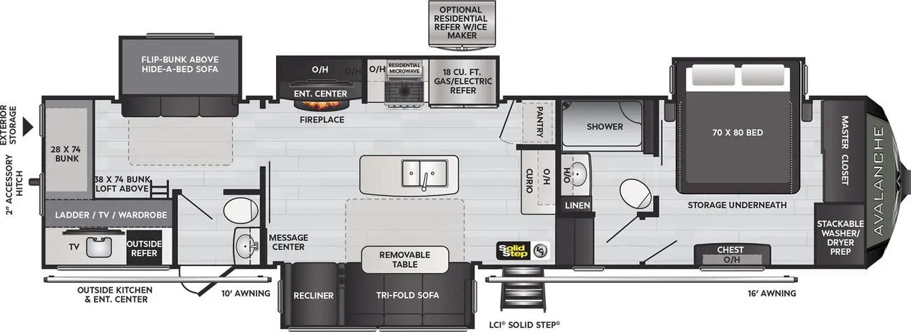 RV floorplan with bedroom, kitchen, living area and bathroom.
