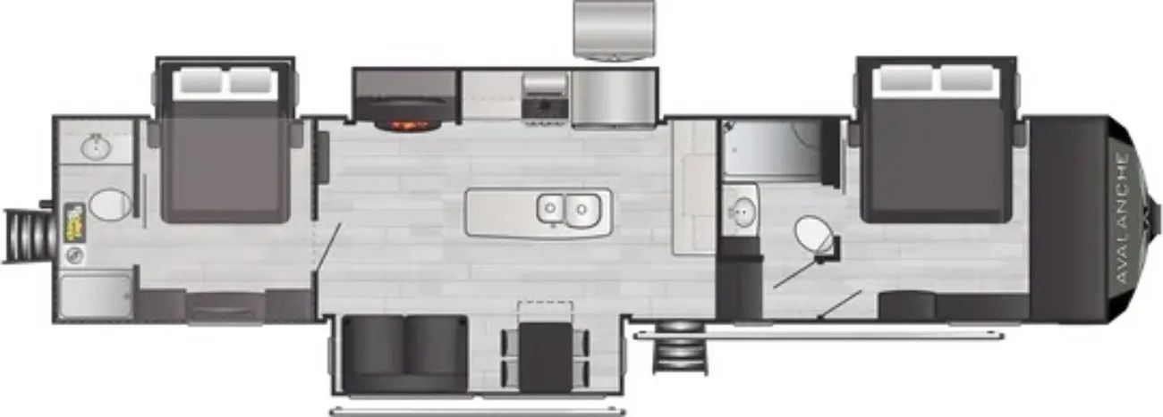Floor plan of a recreational vehicle, with bedrooms, kitchen, and living area