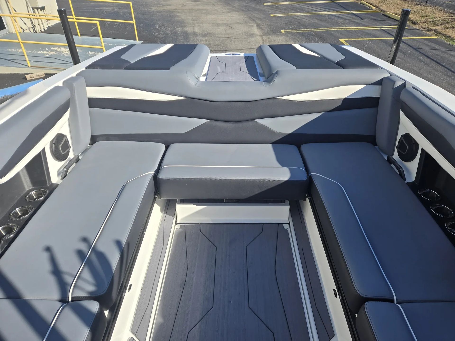 The inside of a boat with a lot of seats