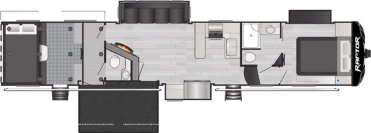 A floor plan of a RV with a bed, kitchen, and bathroom