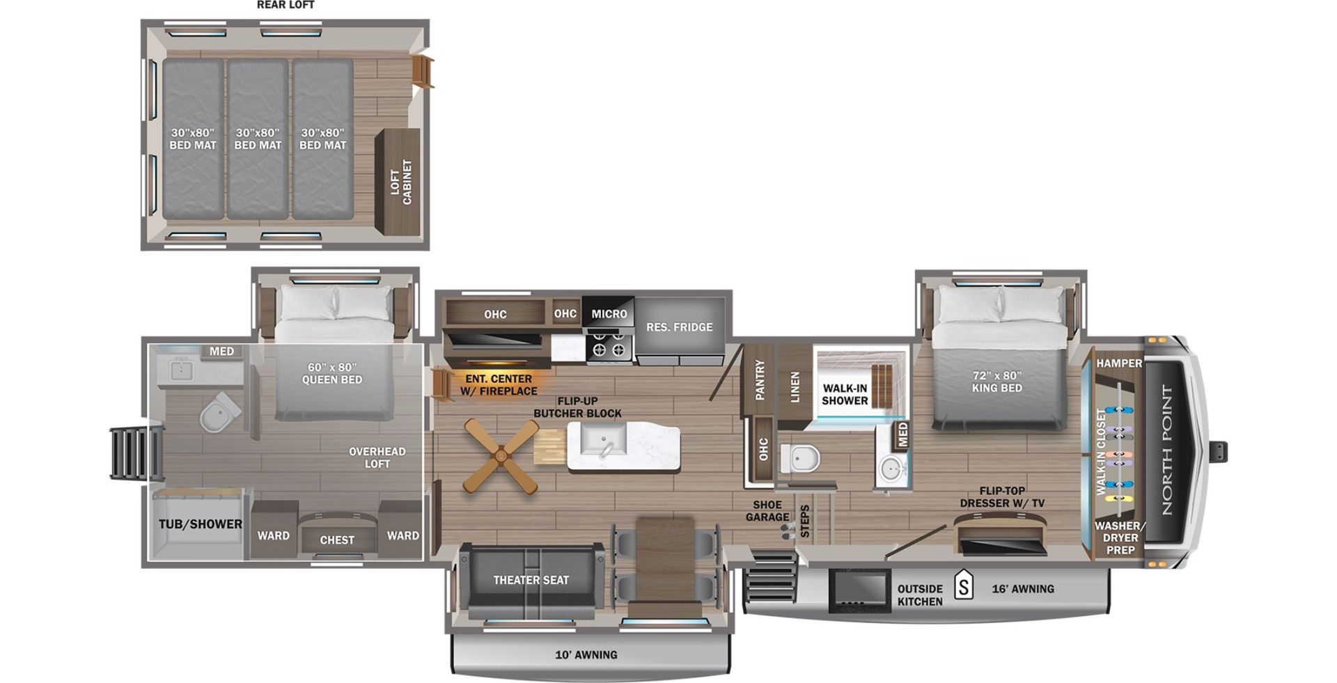 Floor plan of an RV, showing rooms, furniture, and layout