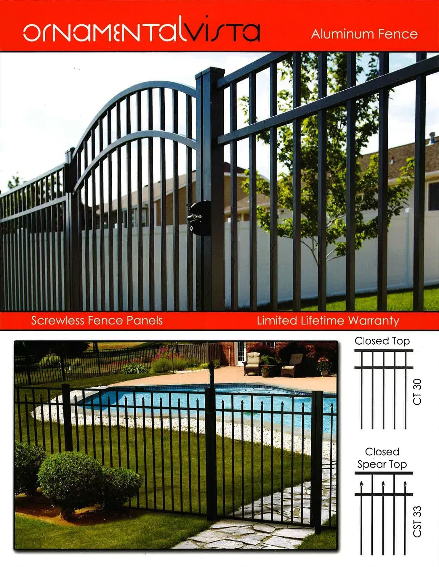 Black ornamental metal pool fence and gate with arched top, shown in a product brochure.