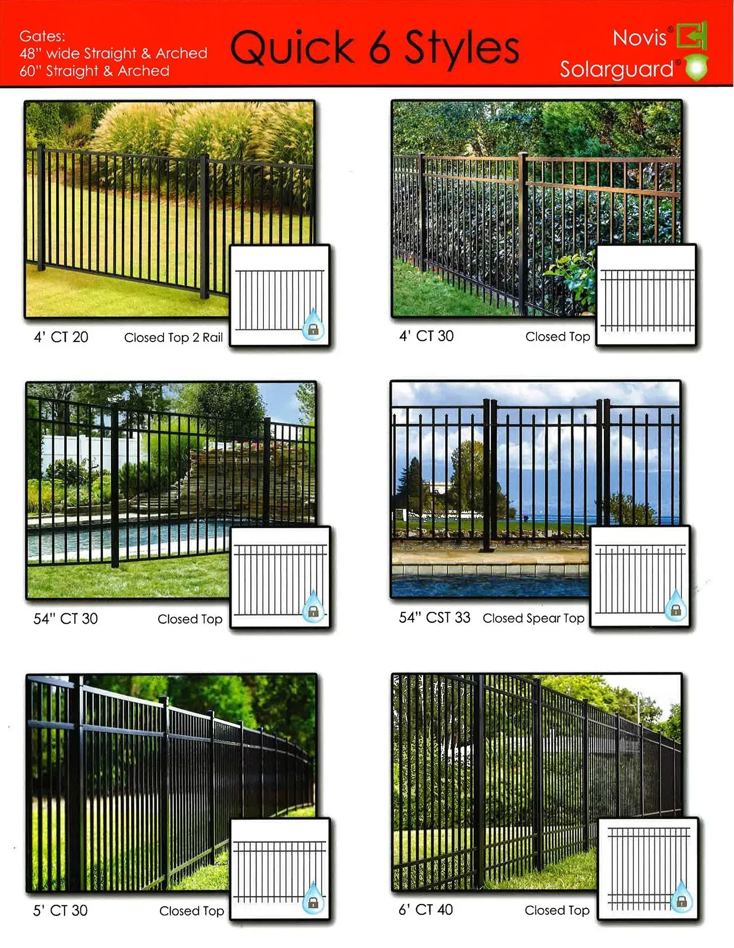 Catalog page of six black metal fence styles on a red “Quick 6 Styles” background
