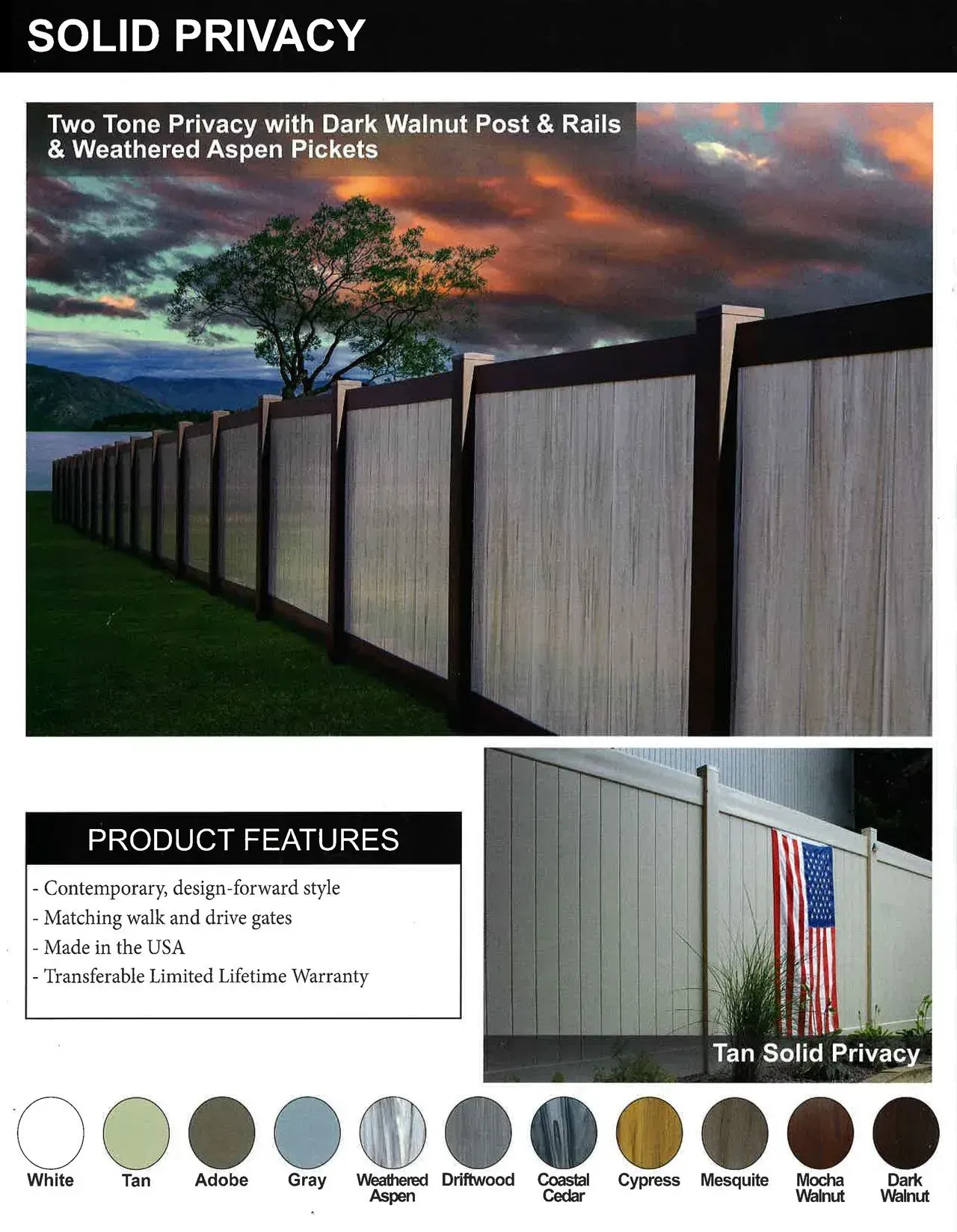 Solid privacy fence product ad with tall tan panels, stormy sky, and product features inset