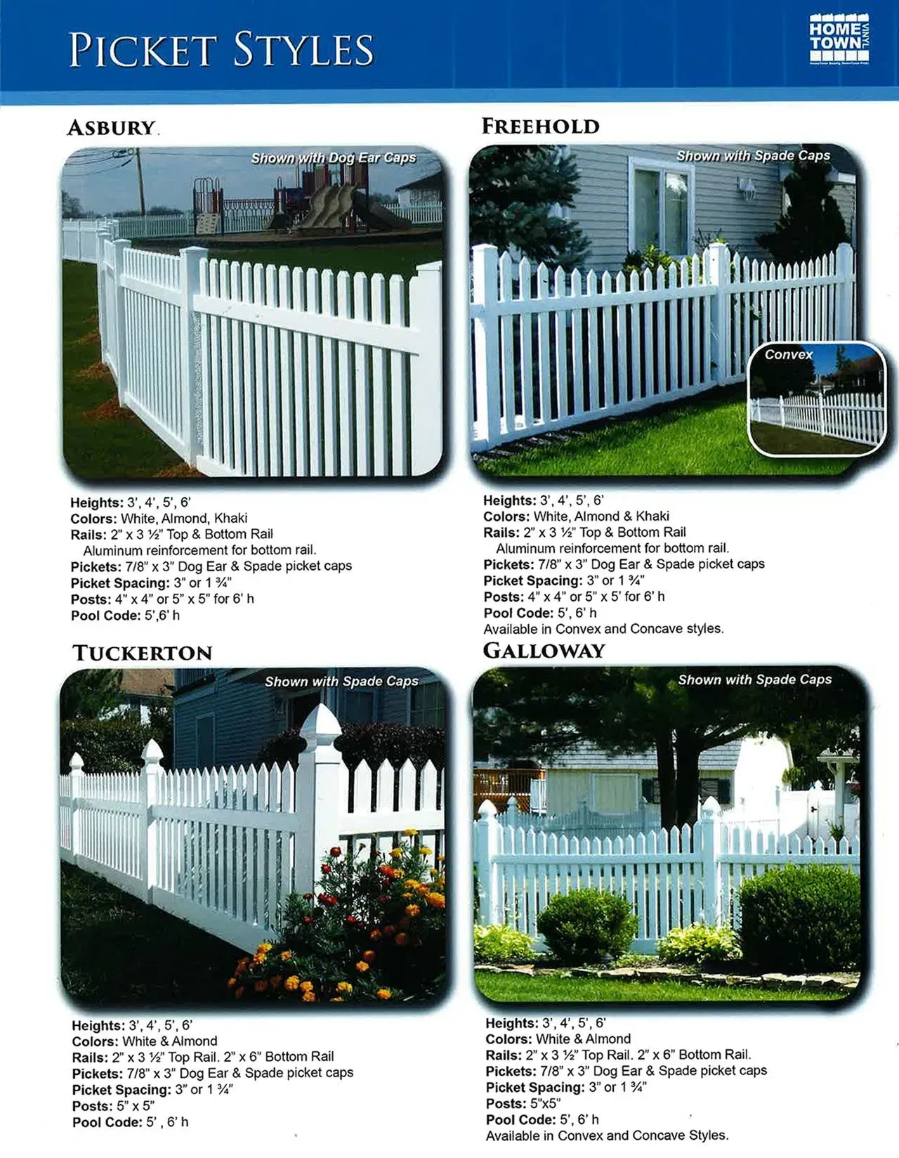 Catalog page showing four white vinyl picket fence styles in different yard settings