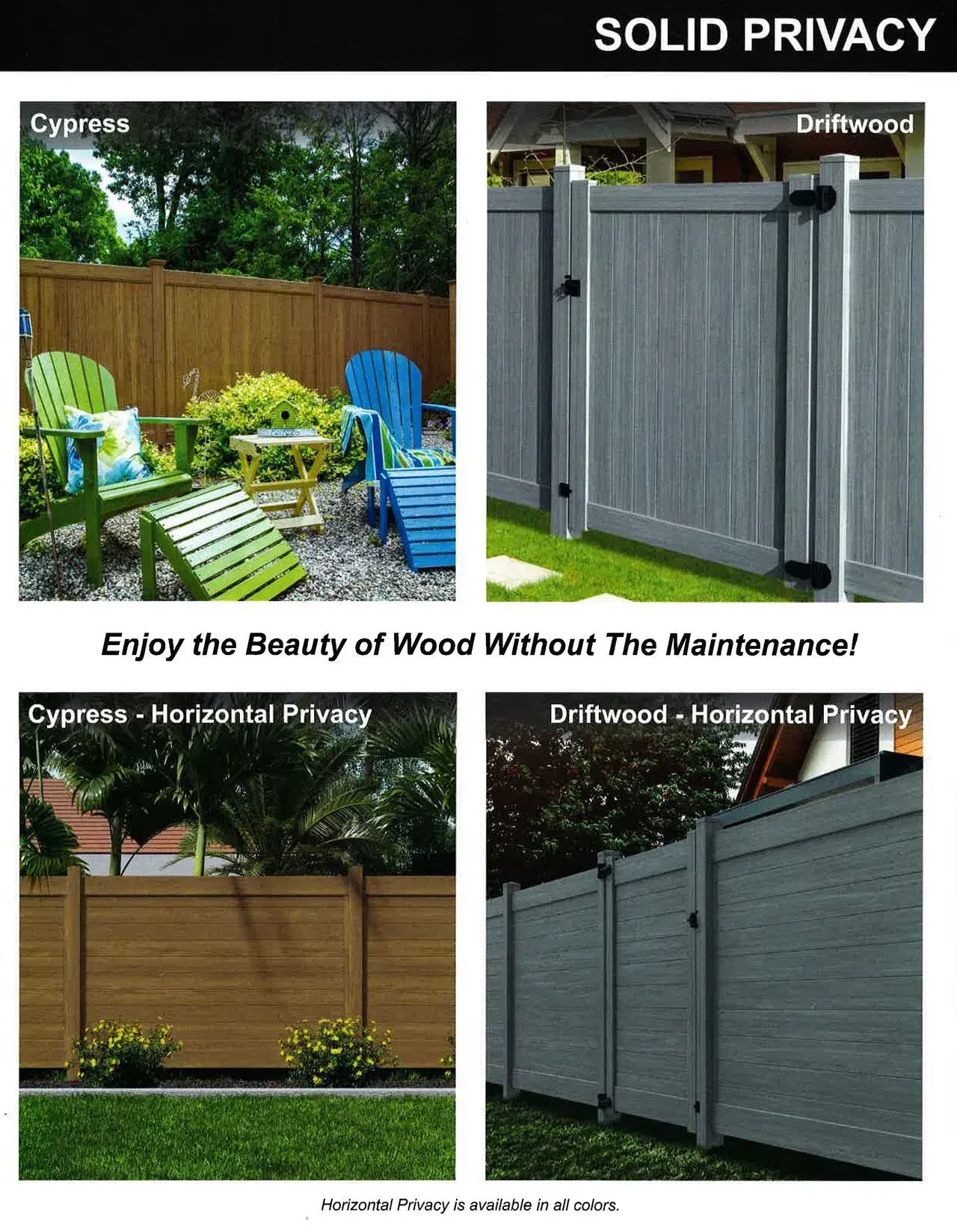 Backyard privacy fence comparison with wood and vinyl styles, including gray and brown panels.